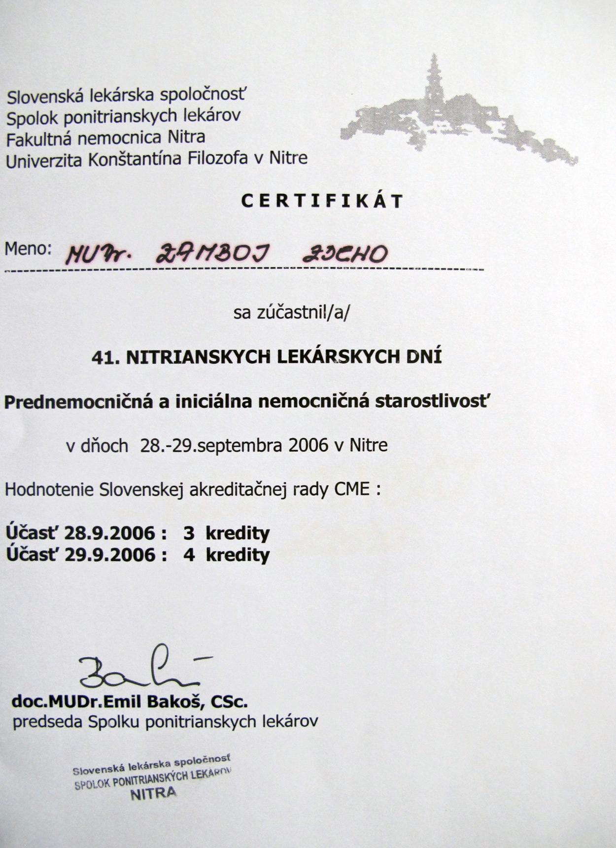 Certifikát Lekárske dni Nitra