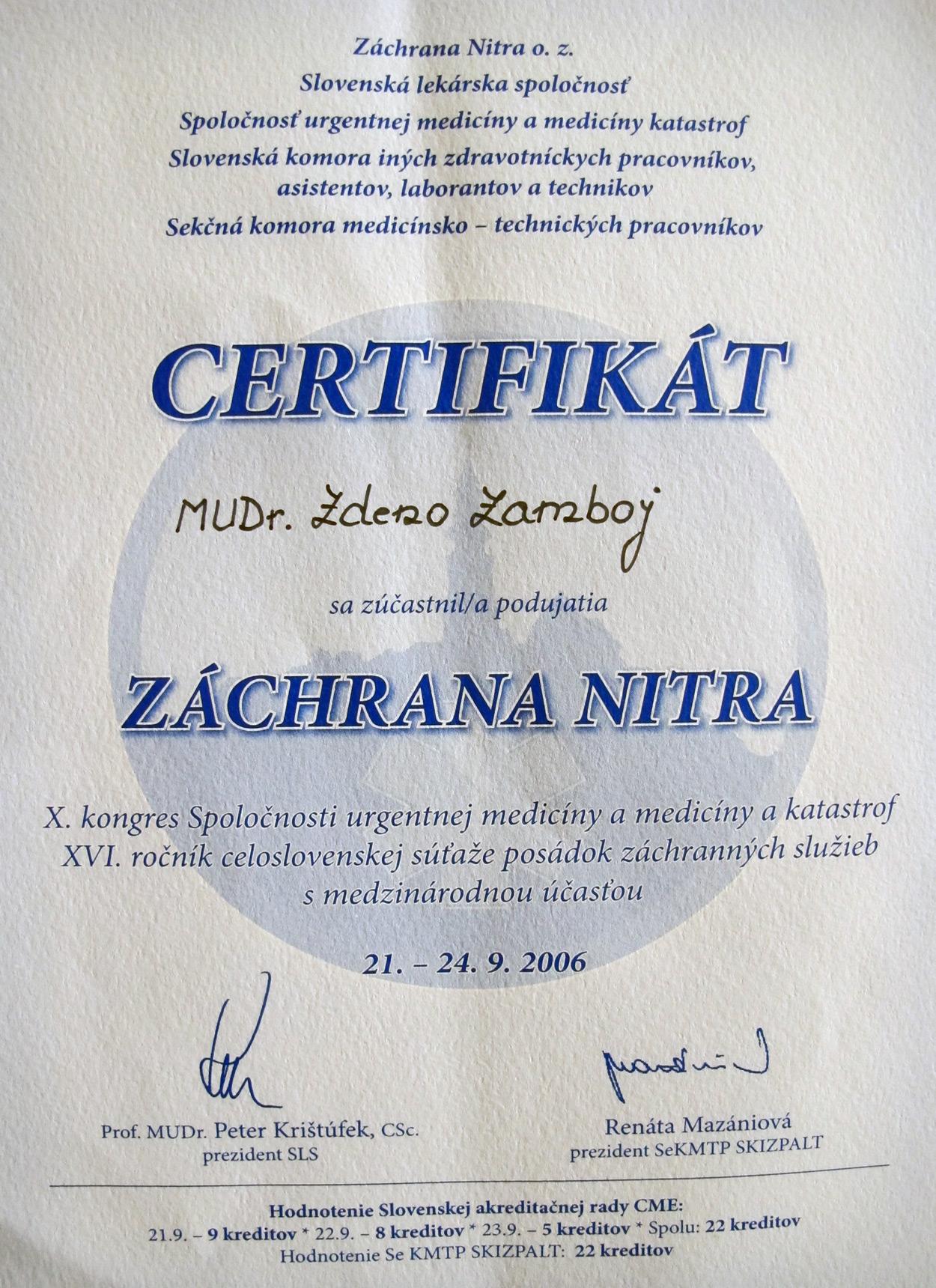 Certifikát Záchrana Nitra